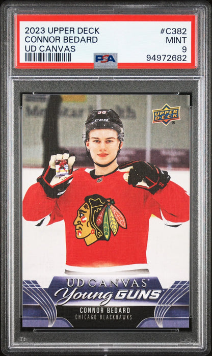 PSA-graded 2023 Upper Deck Canvas Connor Bedard hockey card featuring Chicago Blackhawks player