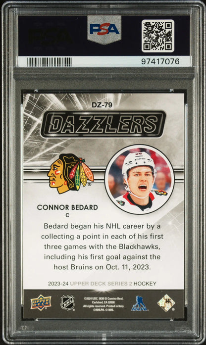 Hockey trading card of Connor Bedard in Upper Deck Dazzlers Red PSA 10 protective case