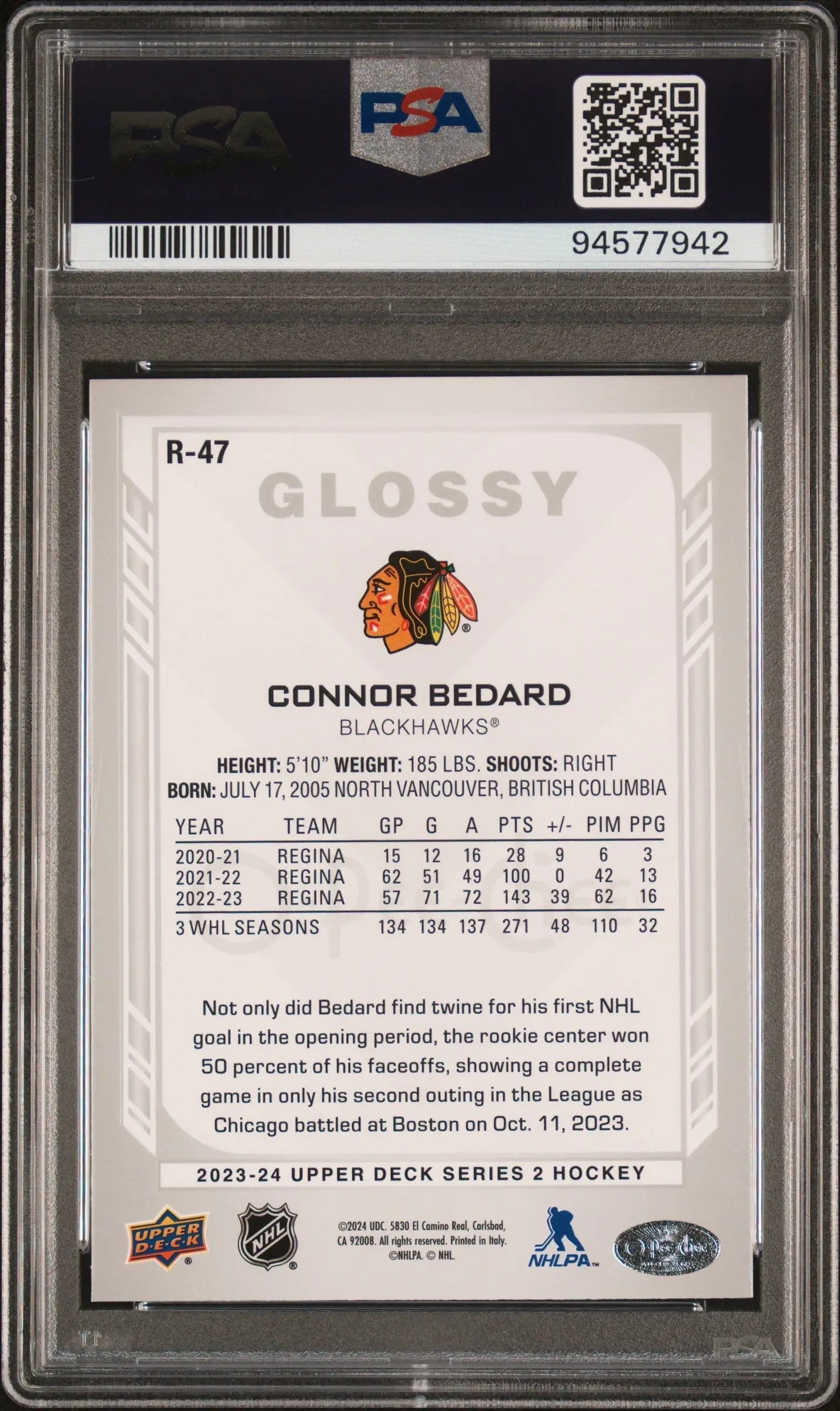 PSA-graded Connor Bedard Upper Deck O-Pee-Chee Glossy hockey card with Chicago Blackhawks logo