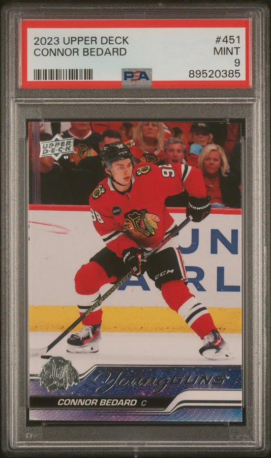 PSA-graded 2023 Upper Deck Rookie card of Connor Bedard with Chicago Blackhawks player