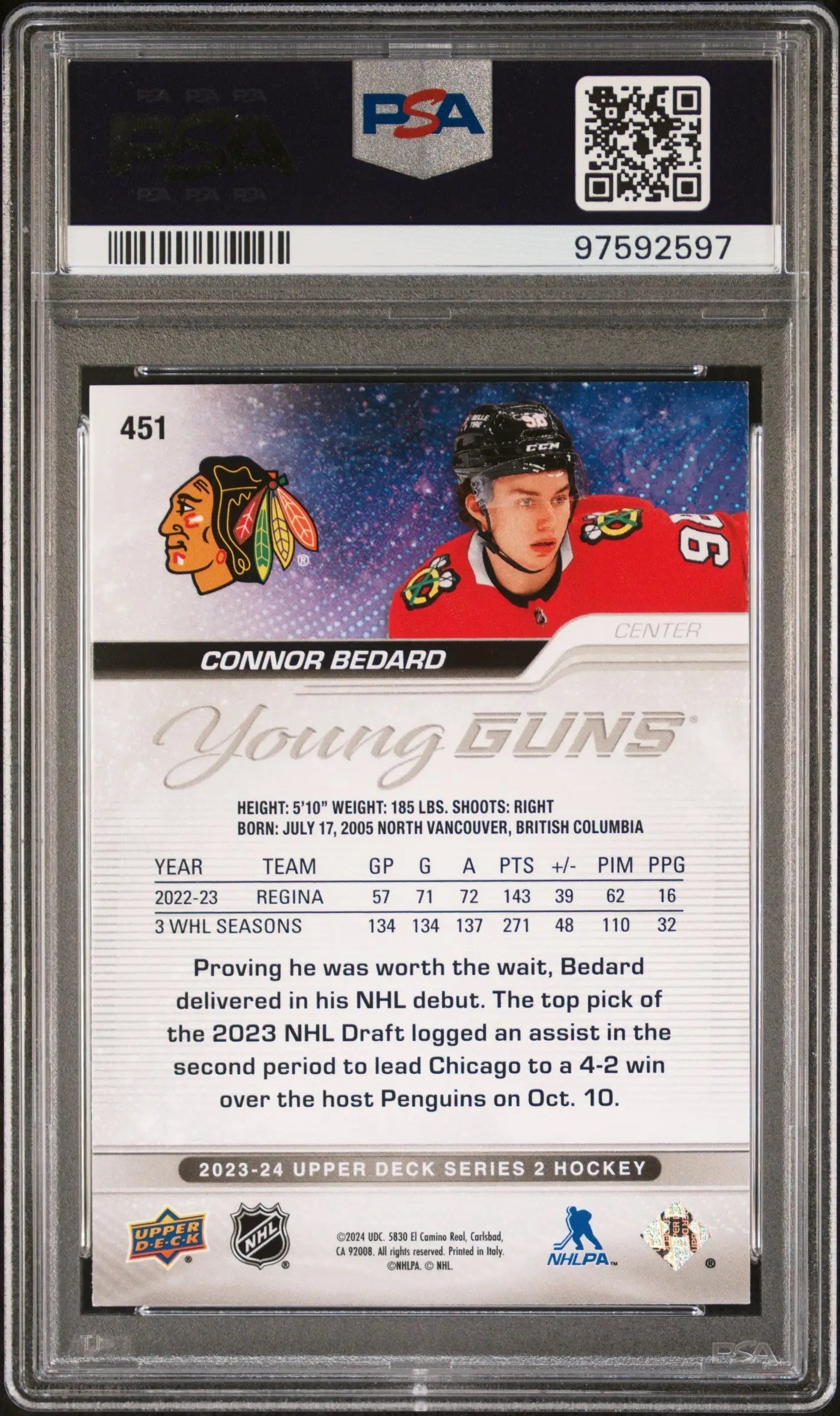 Hockey trading card of Connor Bedard, Chicago Blackhawks Upper Deck Rookie #451 PSA 9 Mint