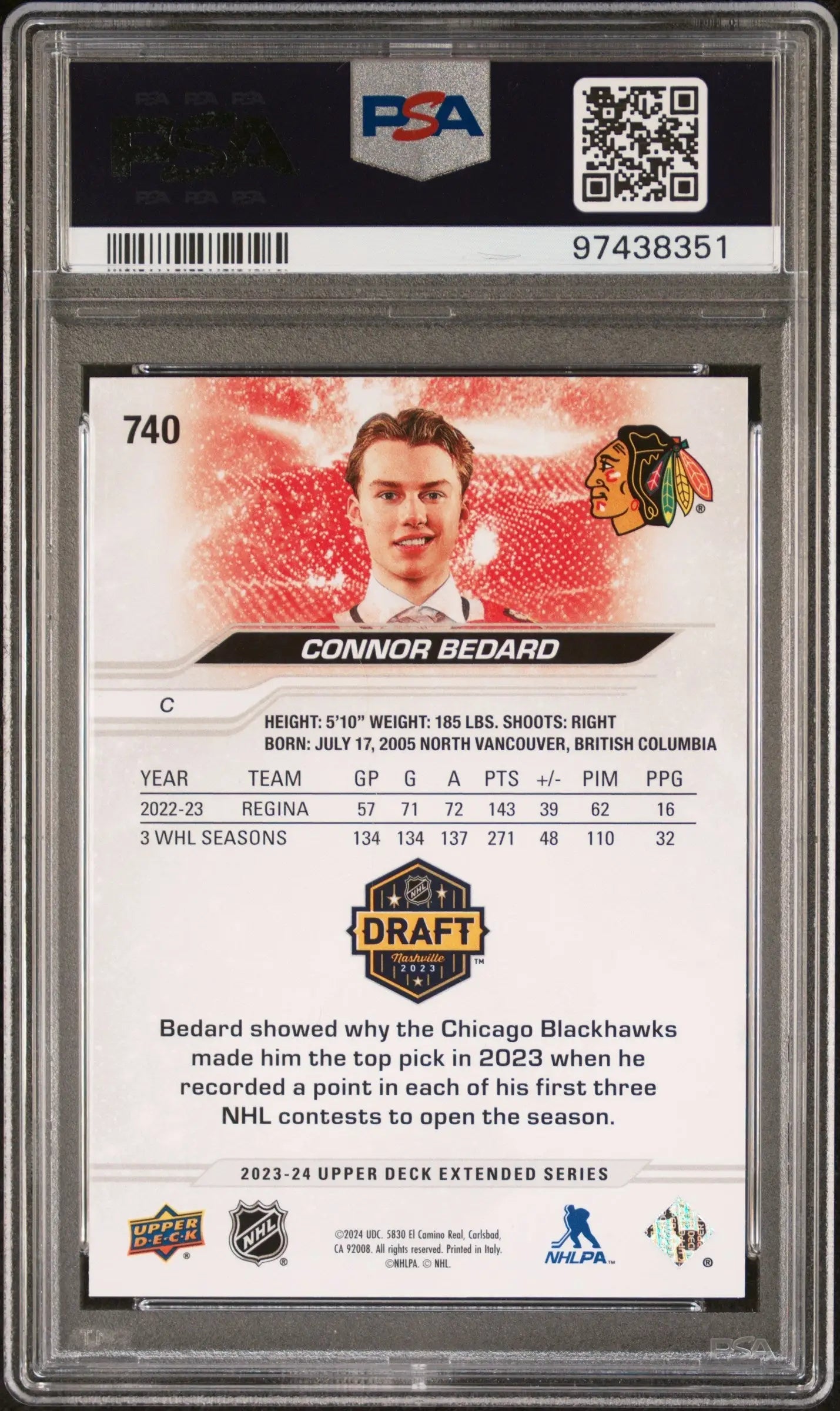 Connor Bedard 2023 Upper Deck Rookie #740 PSA 10 Gem Mint hockey card, red background