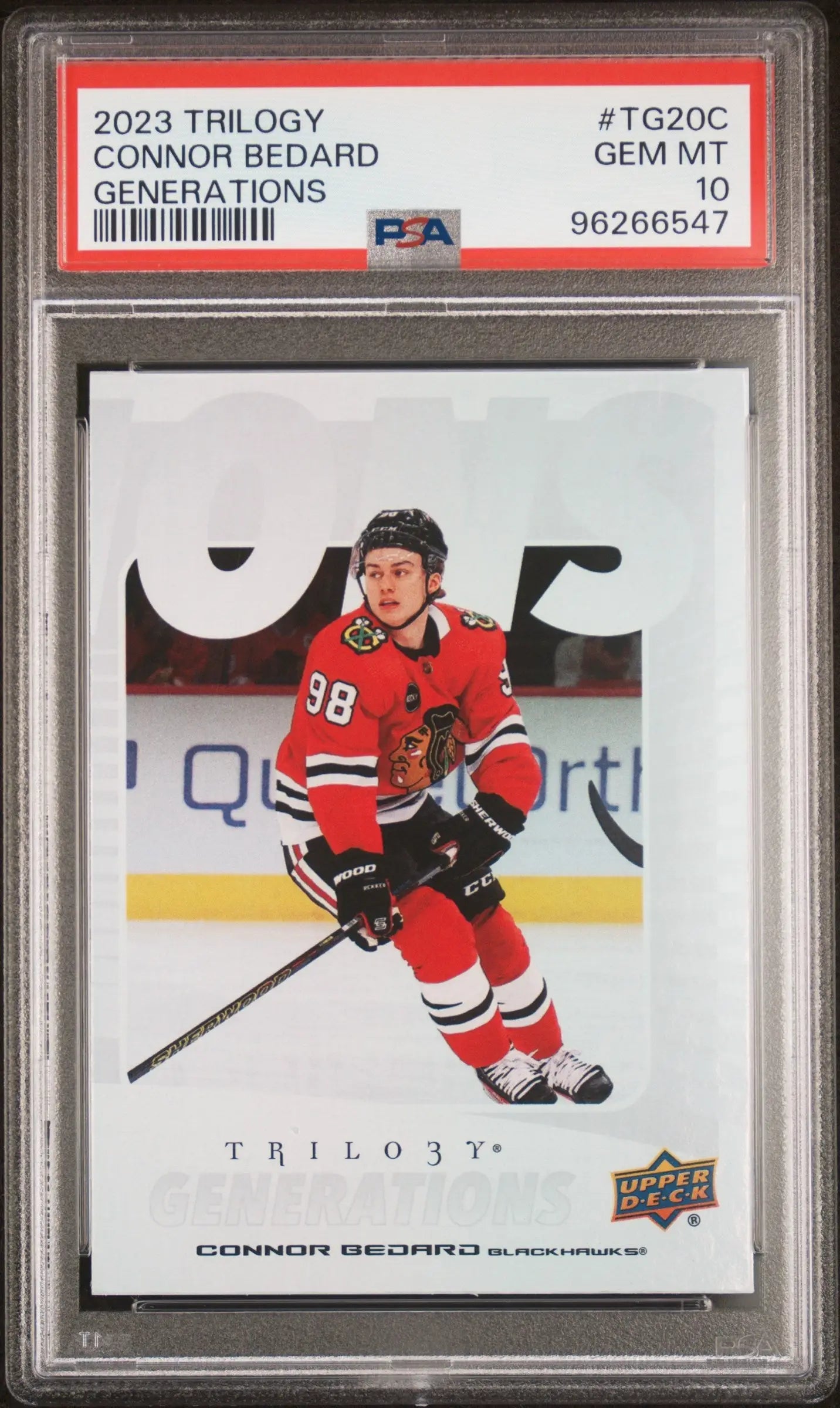 PSA-graded Connor Bedard 2023 Upper Deck Trilogy Generations card in Blackhawks jersey