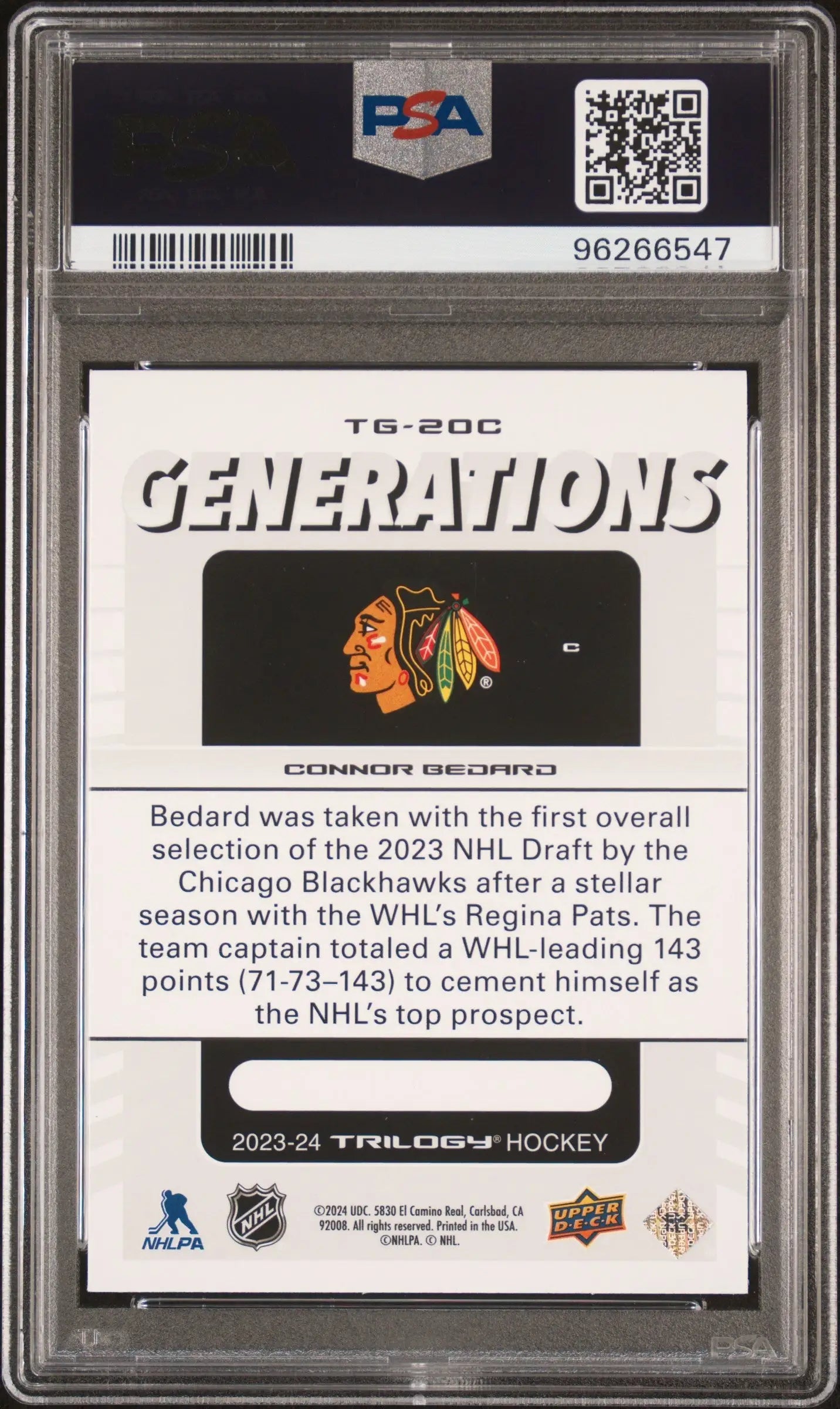 Back of Connor Bedard 2023 Upper Deck Trilogy Generations card with Blackhawks logo