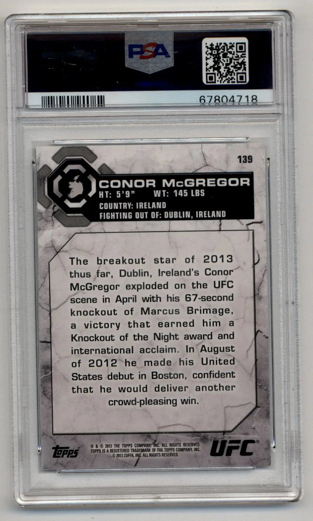 PSA-graded Conor McGregor 2013 Topps UFC Bloodlines trading card showcasing early career achievements