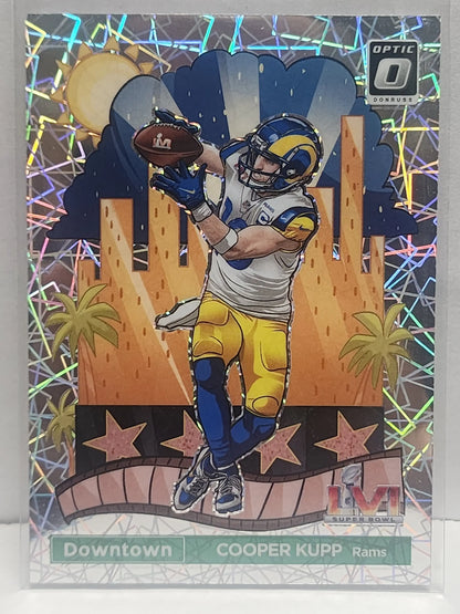 Holographic Donruss Optic Super Bowl Downtown card of Cooper Kupp making a catch