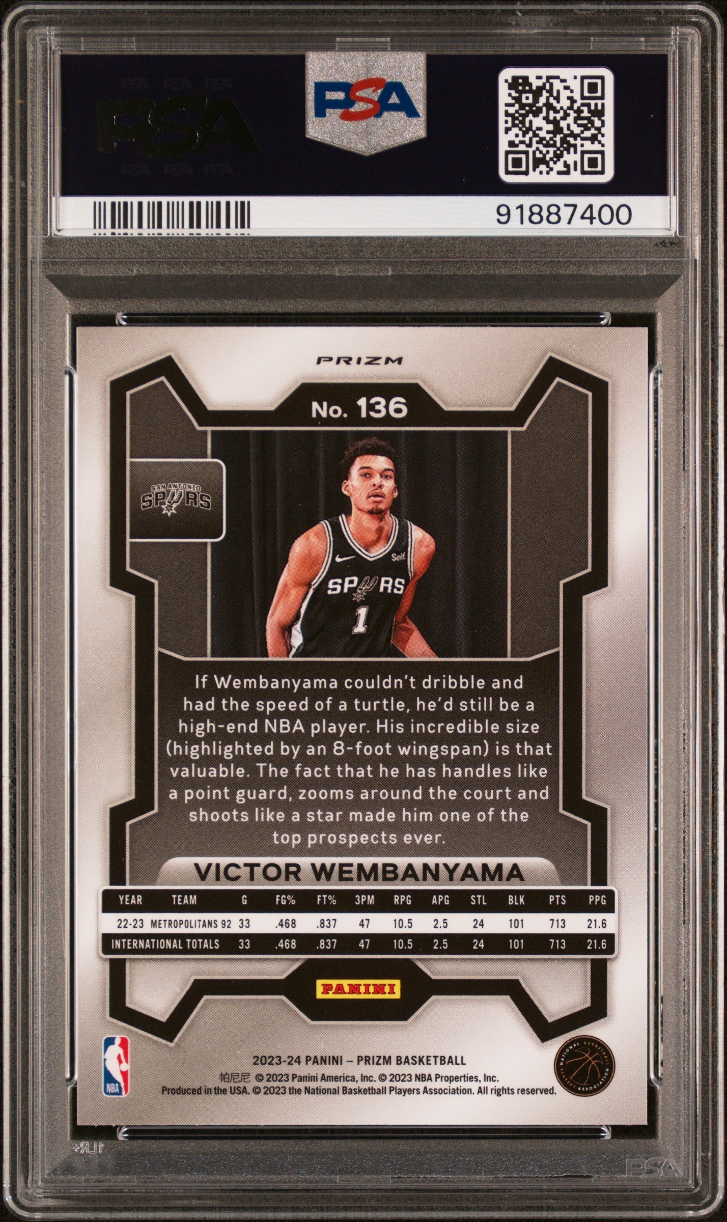 Victor Wembanyama 2023 Panini Prizm #136 Green Prizm PSA 10 Gem Mint basketball card