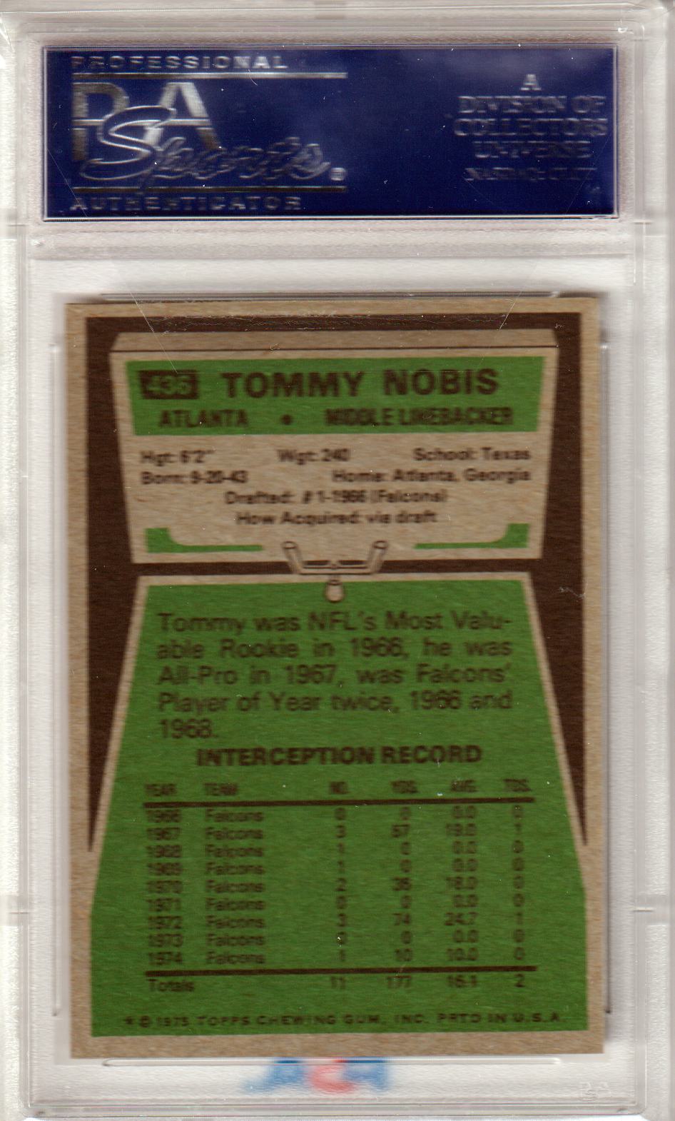 PSA-graded Tommy Nobis 1975 Topps #436 trading card with career stats from Columbia Hobby