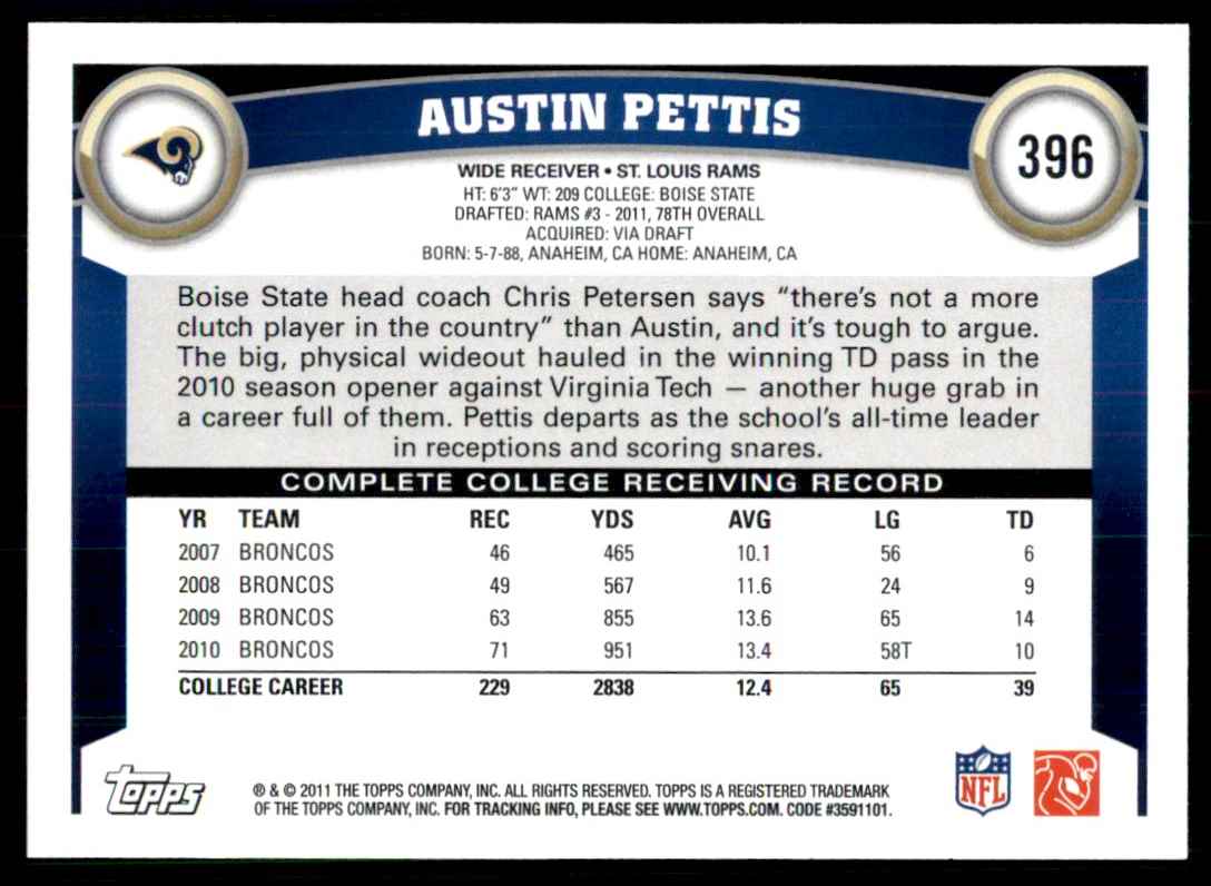 2011 Topps Austin Pettis Rookie St. Louis Rams #396