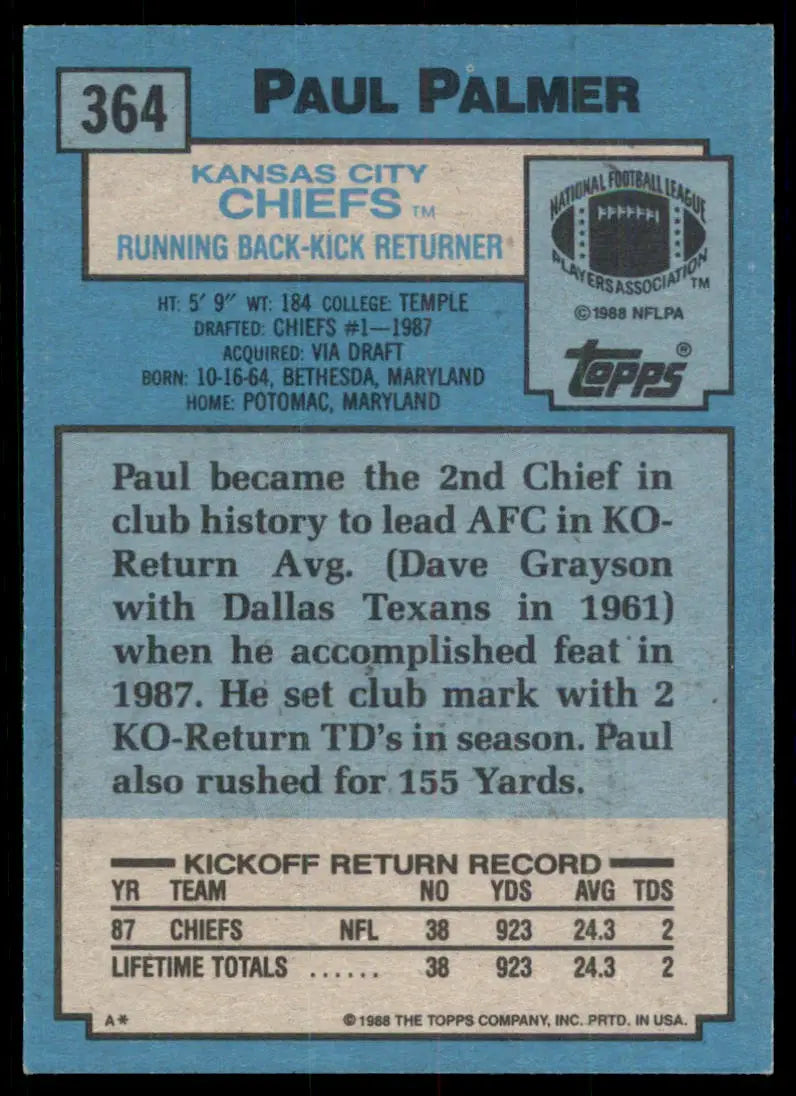 1988 Topps Paul Palmer Rookie Kansas City Chiefs #364