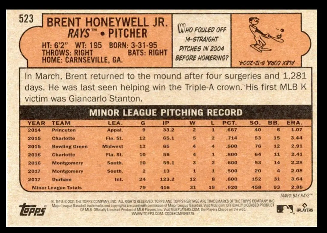 2021 Topps Heritage High Number Brent Honeywell Jr. Rookie Tampa Bay Rays #523