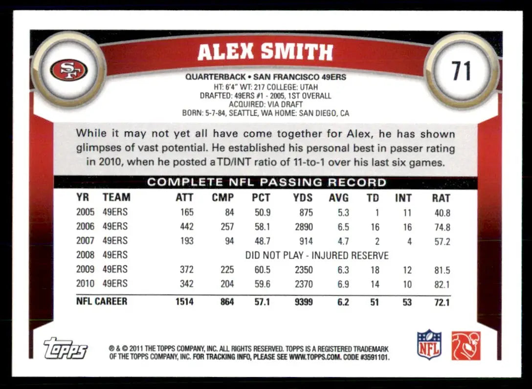 2011 Topps Alex Smith San Francisco 49ers #71