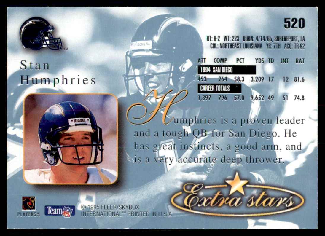 1995 Fleer Ultra Extra Stars Stan Humphries Insert San Diego Chargers #520