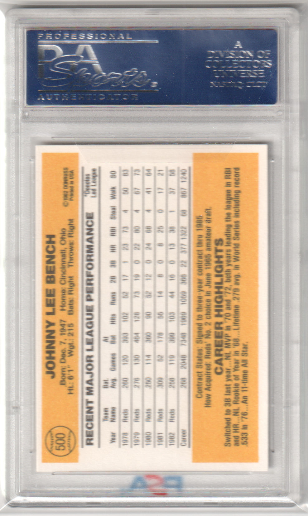 JOHNNY BENCH 1983 Donruss #500 PSA 10 GEM MINT - REDS