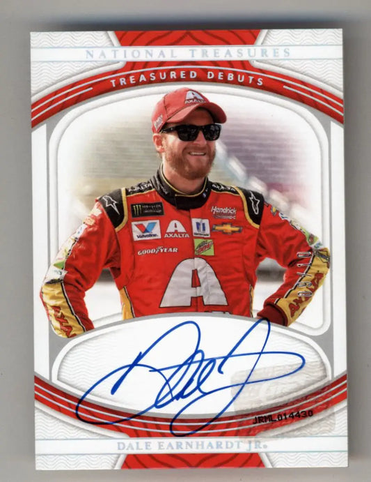 NASCAR trading card of Dale Earnhardt Jr in red attire, Panini National Treasures