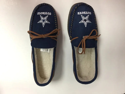 Navy blue Dallas Cowboys team color moccasin slippers with star logos and brown laces