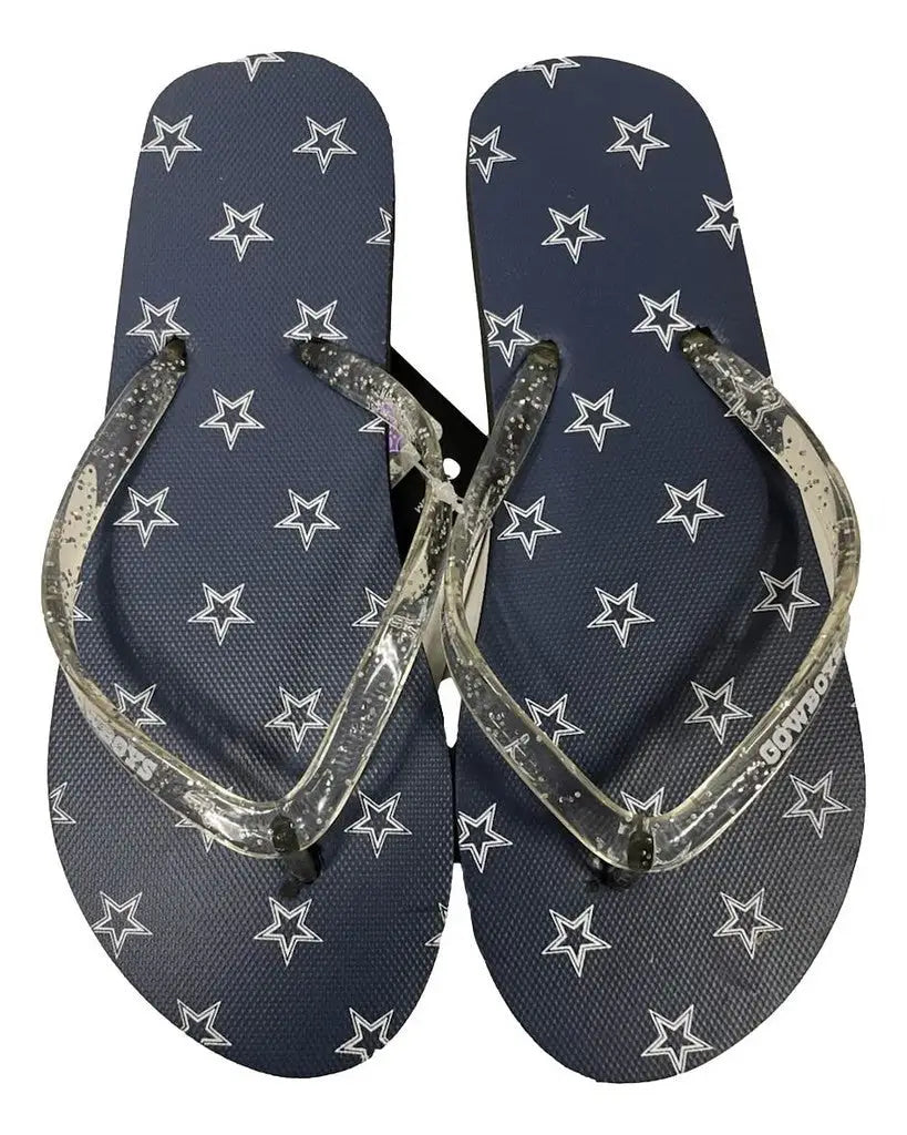 Navy blue Glitter Thong Flip Flop sandals with silver star pattern for women