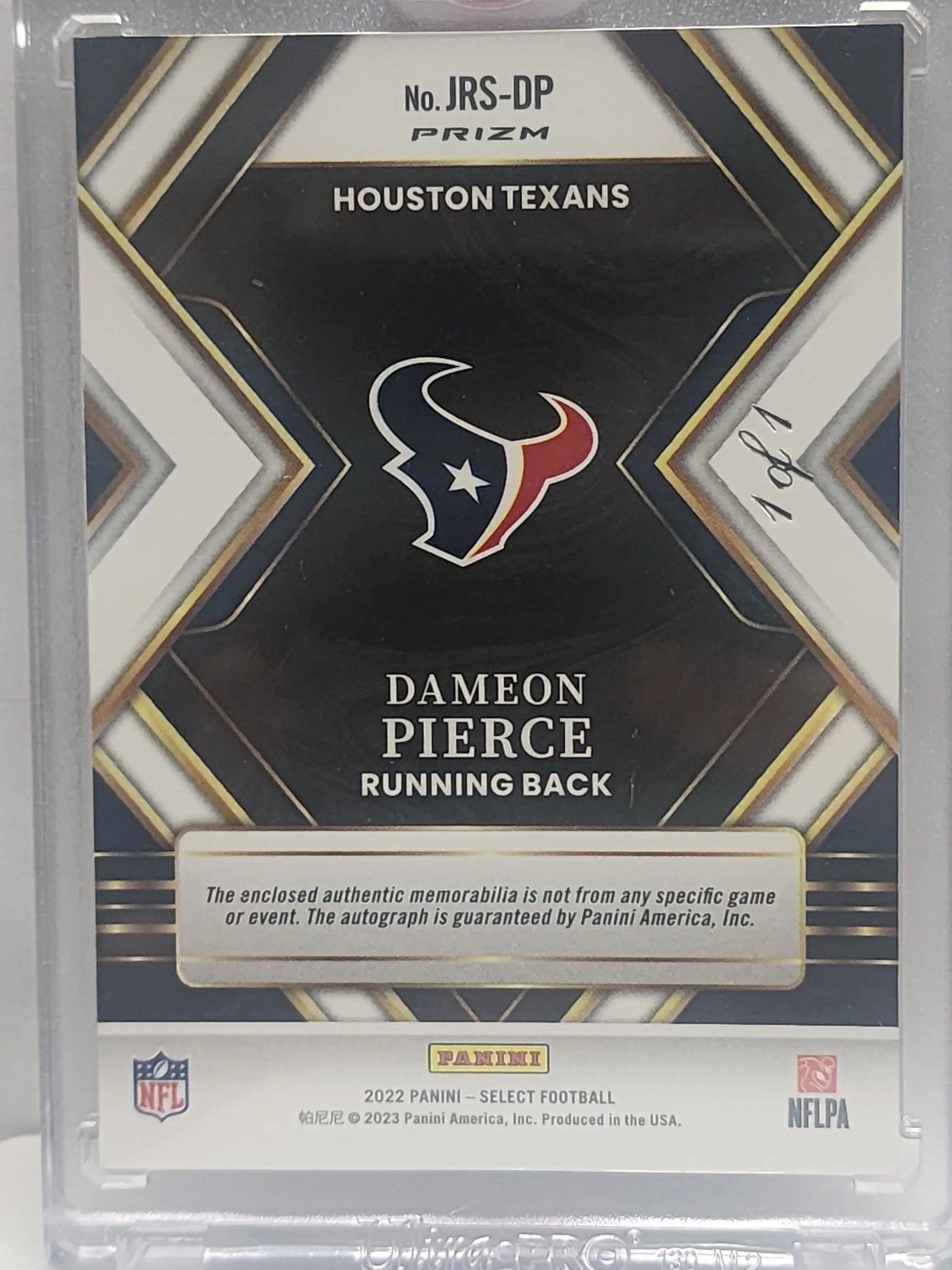 NFL trading card of Dameon Pierce with Houston Texans logo in Panini Select Jumbo black patch