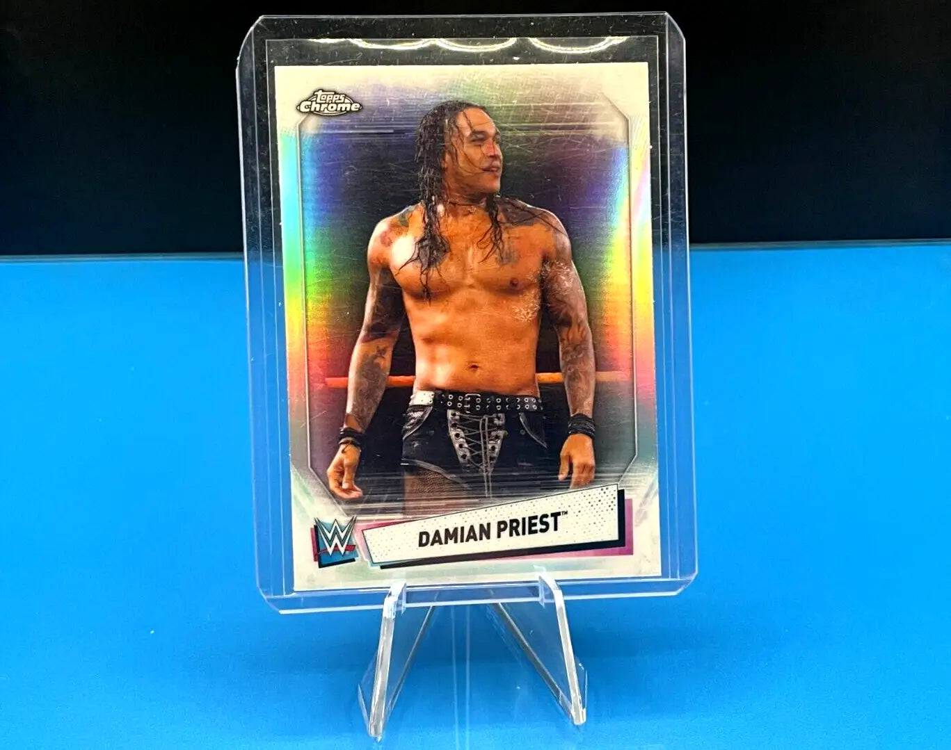 Damian Priest wrestling card from 2021 Topps Chrome WWE Refractor collection