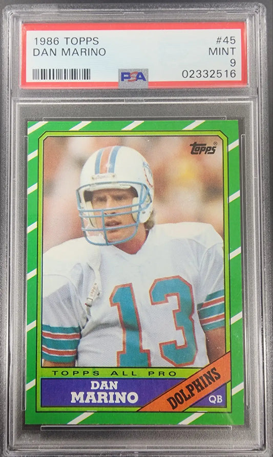 PSA-graded Dan Marino 1986 Topps football card #45 with green border design