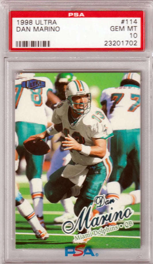 PSA-graded 1998 Fleer Ultra Dan Marino football card in protective case from Columbia Hobby