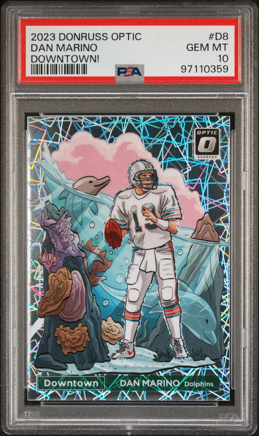 PSA-graded 2023 Donruss Optic Downtown Dan Marino football card in protective case