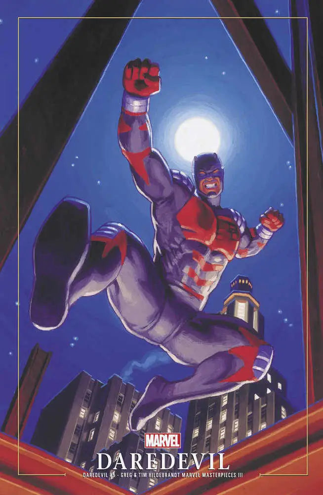 Muscular superhero in red and purple costume leaps against night sky, Daredevil trading cards