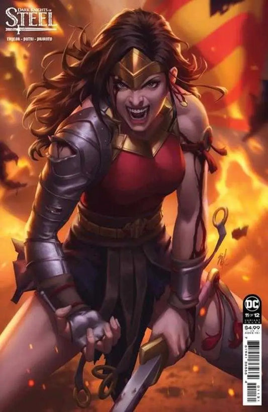 Fierce warrior in armor with sword in Dark Knights Of Steel trading cards variant cover