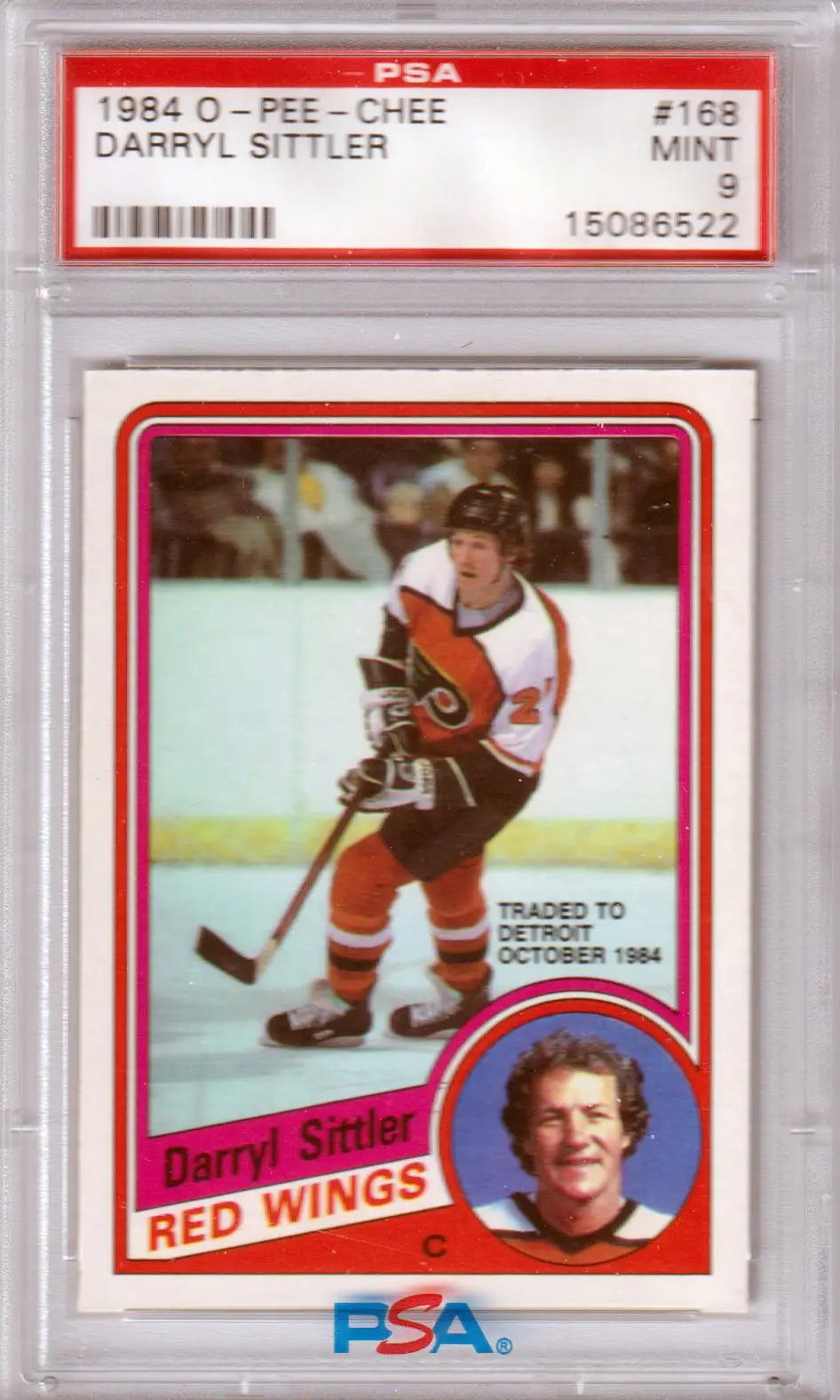 PSA 9 Mint Darryl Sittler 1984-85 O-Pee-Chee hockey card with Red Wings action