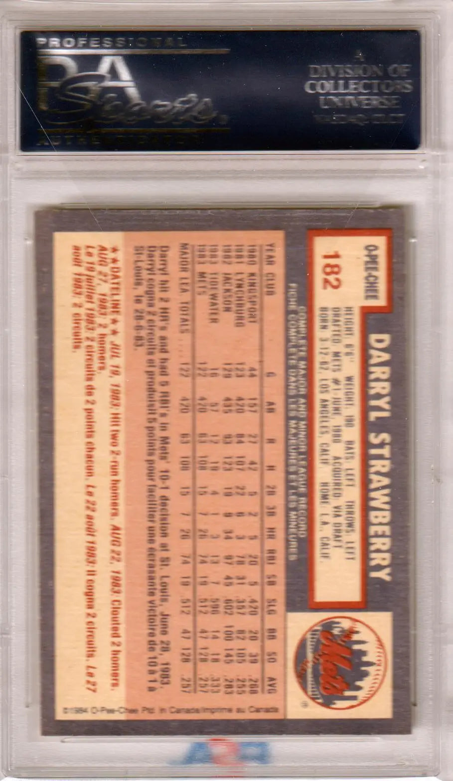 Darryl Strawberry 1984 O-Pee-Chee RC trading card in protective case from Columbia Hobby