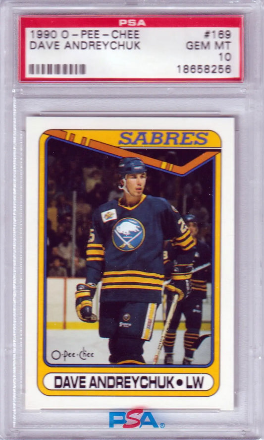 PSA-graded 1990 O-Pee-Chee Dave Andreychuk hockey card in protective case from Columbia Hobby