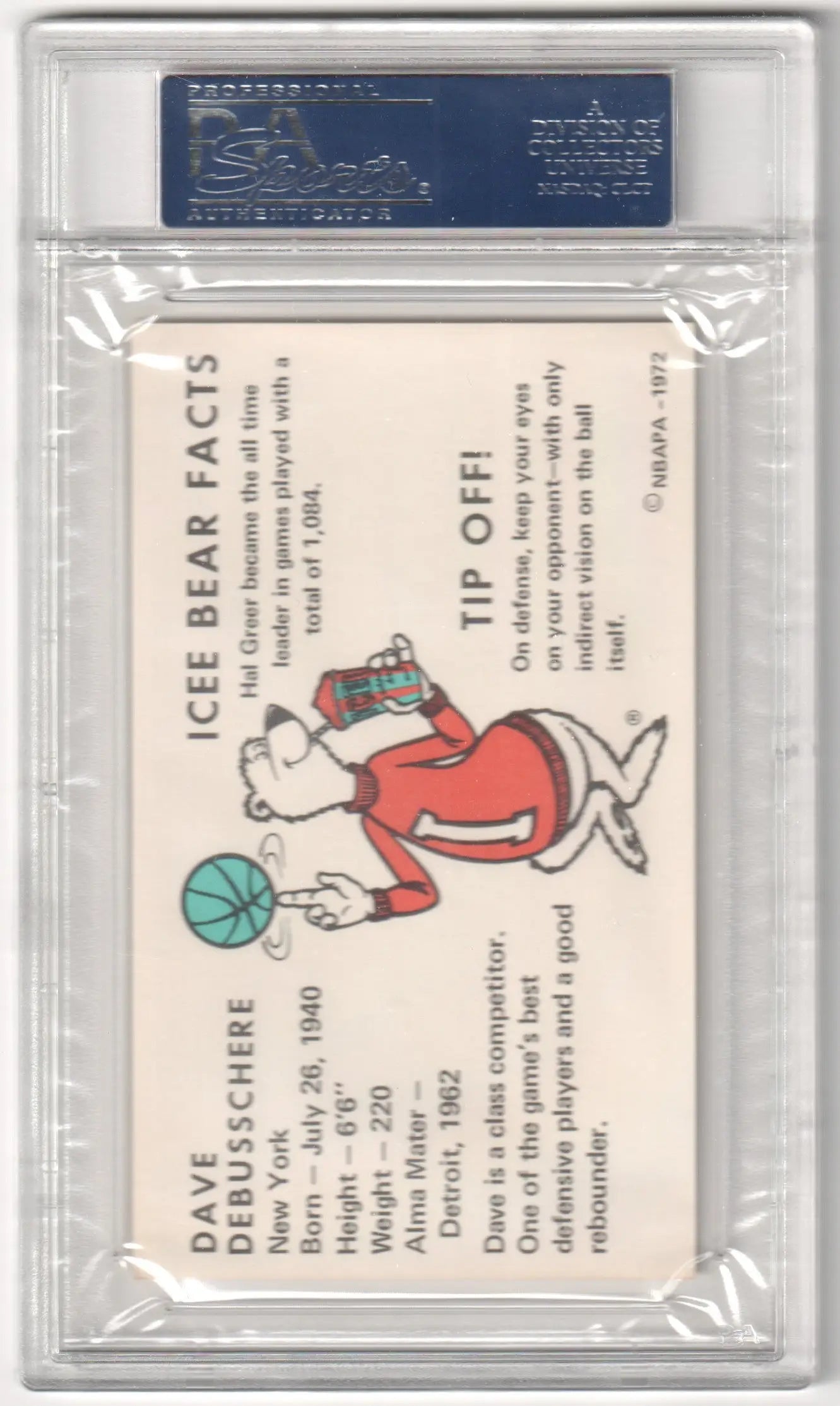 Vintage Icee Bear trading card of Dave DeBusschere in protective holder from Columbia Hobby