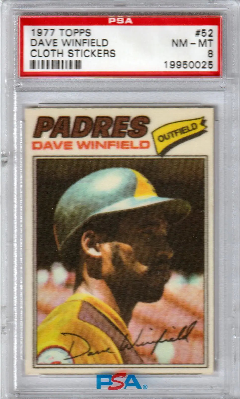 PSA-graded 1977 Topps Cloth Stickers Dave Winfield baseball card in protective case