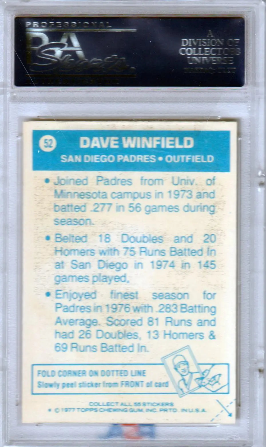 Dave Winfield’s 1977 Topps Cloth Stickers #52 with Padres stats and highlights