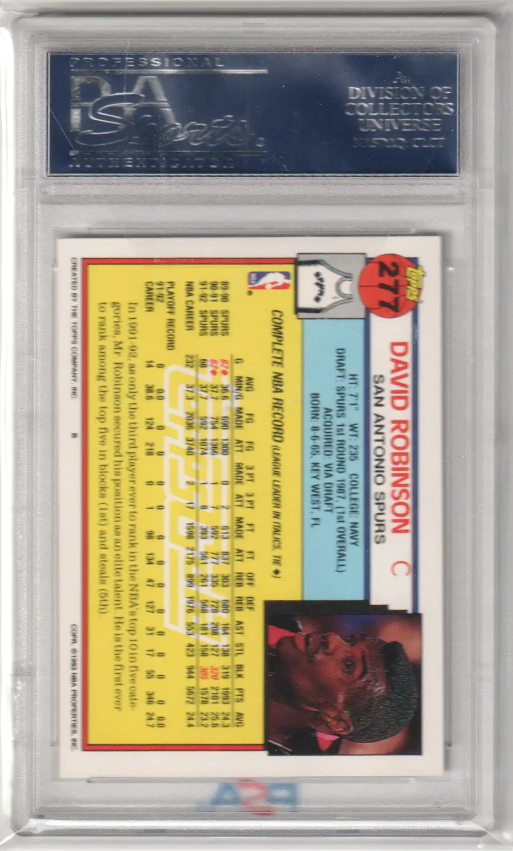 David Robinson 1992-93 Topps Gold #277 PSA 10 GEM MINT in protective case from Columbia Hobby