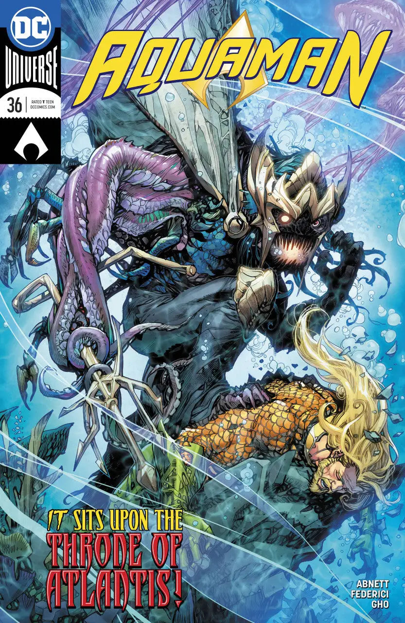 Comic book cover of Aquaman battling a sea monster in DC COMICS: AQUAMAN #36