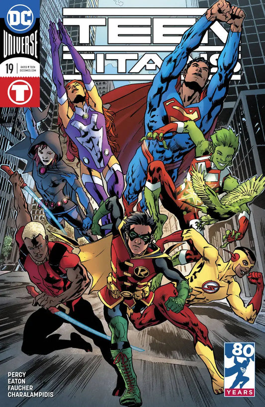 Comic book cover of Teen Titans #19 with young superheroes in action poses