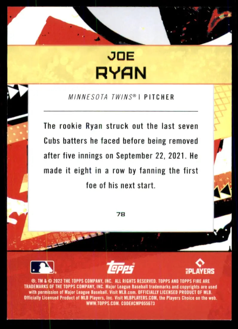 2022 Topps Fire Joe Ryan Rookie Minnesota Twins #78