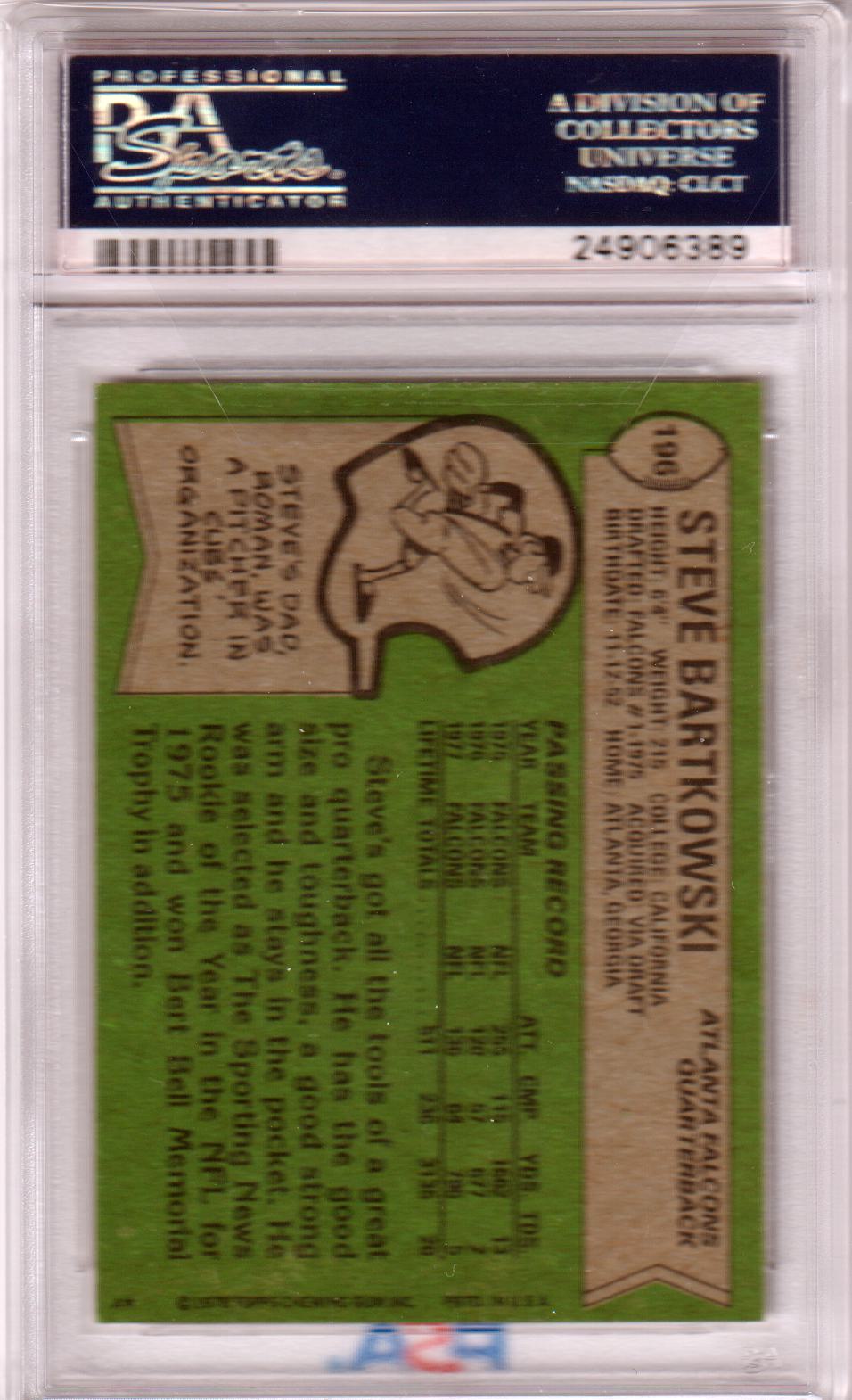 PSA-graded STEVE BARTKOWSKI 1978 Topps trading card back with green coloring and text