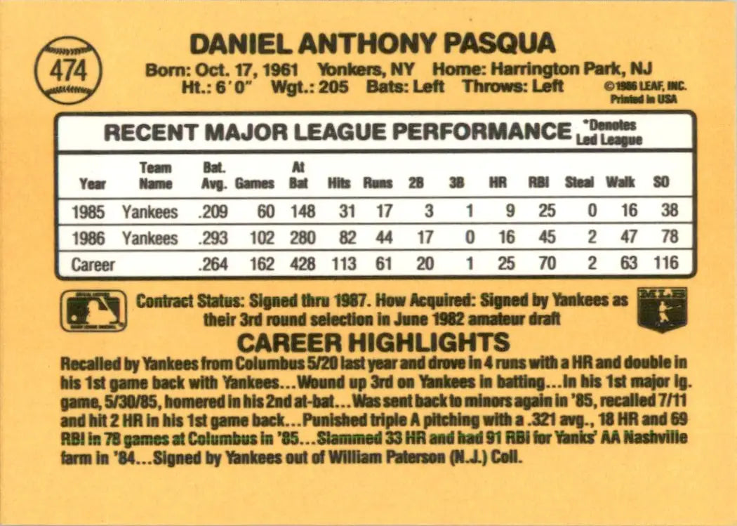 1987 Donruss Dan Pasqua New York Yankees #474