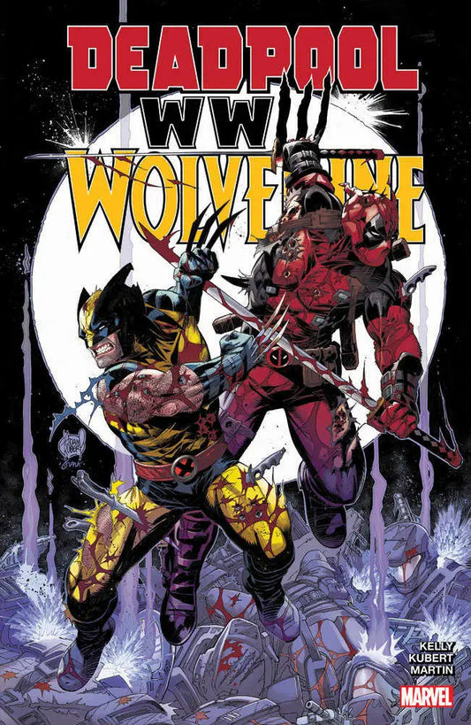 Comic book cover of Deadpool and Wolverine with moonlit backdrop, ideal for trading cards