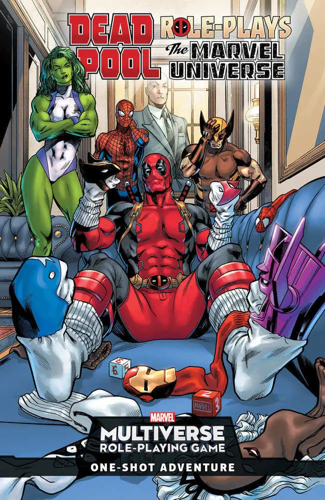 Deadpool lounging with Marvel superheroes in a role-playing game comic book cover