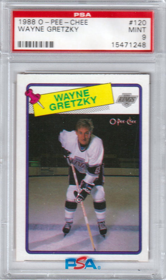 PSA-graded 1988 O-Pee-Chee Wayne Gretzky trading card in white uniform from Columbia Hobby