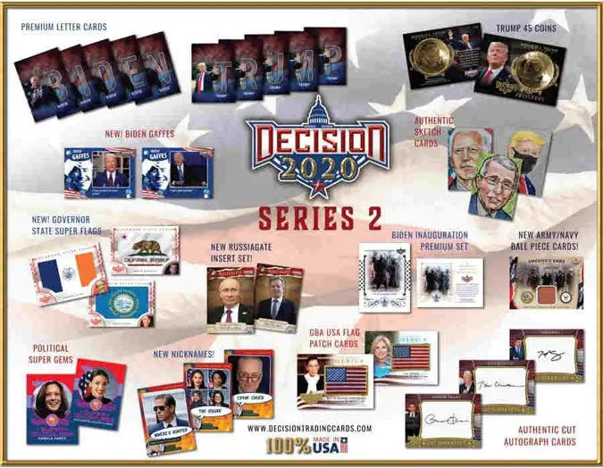 Advertisement poster for Decision 2020 Series 2 sealed trading card box designs