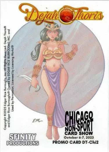 Cartoon pin-up woman with drink featured on Dejah Thoris 2023 promo card design