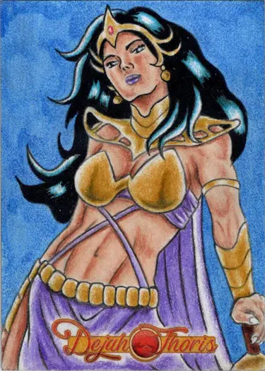 Stylized warrior woman in golden armor, featured in Dejah Thoris Sketch Card