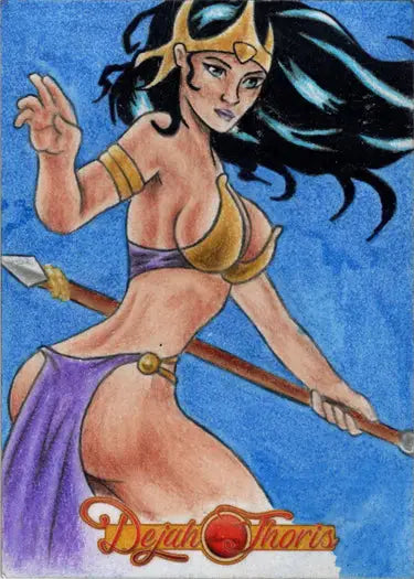 Stylized illustration of a warrior woman in a purple outfit on a Dejah Thoris sketch card