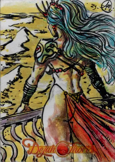 Stylized warrior woman with blue hair and red skirt on Dejah Thoris sketch card by Alex Magno