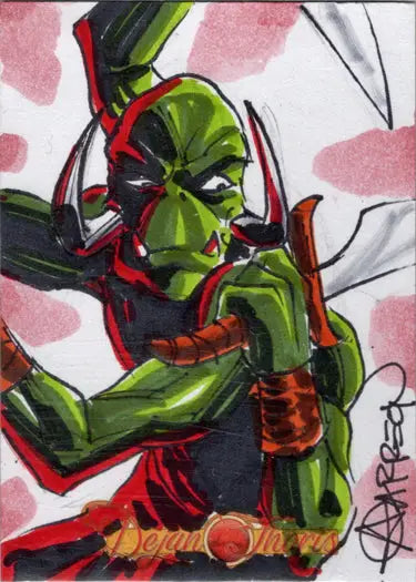 Stylized green alien with red accents on pink, featured in Andy Carreon sketch card