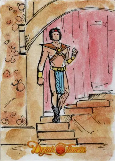 Watercolor sketch card of a young warrior by Barush Merling in colorful attire